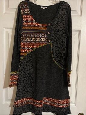 Adore Charcoal Patchwork Long-Sleeve Dress with Multicolor Aztec Trim
